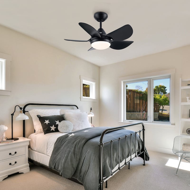 YUHAO 30 Inch Modern Matte White Indoor Flush Mount Small Ceiling Fan With LED Light and Remote Control