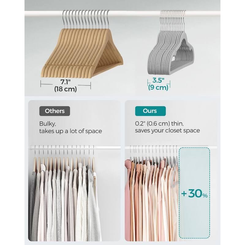 Dove Grey Velvet Slim Hangers 50 Pack with Notches Swivel Hook, Space-Saving - 16.9"W x 8.7"H
