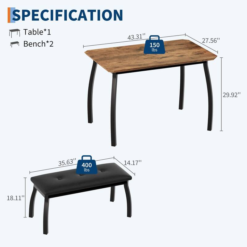 Dining Table Set for 4, with 2 Upholstered Benches
