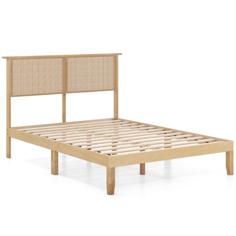 Gymax Twin/Full/Queen Size Bed Frame w/ Rattan Headboard 10 Solid Wood
