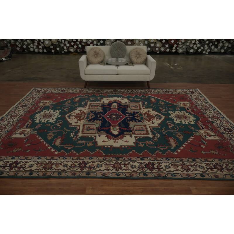 Hand Knotted Oriental 100% Wool Carpet Traditional Geometric Navy Blue & Blues Sumak Area Rug - 11' 11'' X 9' 0''