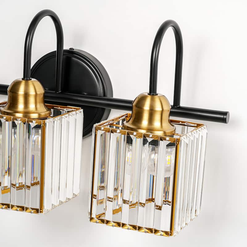 3/4-Light Mid-Century Modern Black and Gold Bathroom Vanity Light Cylinder Crystal Wall Sconces Lighting