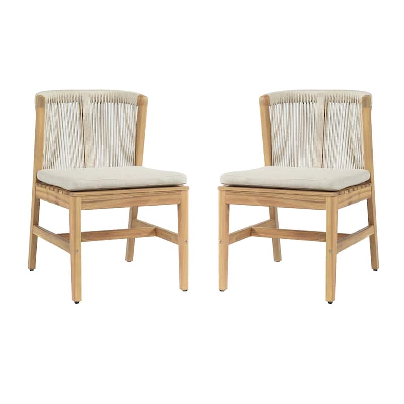 Christopher Knight Home - Louie Outdoor Acacia Wood Dining Chairs with Rope Backrest and Cushioned Seat, Set of 2