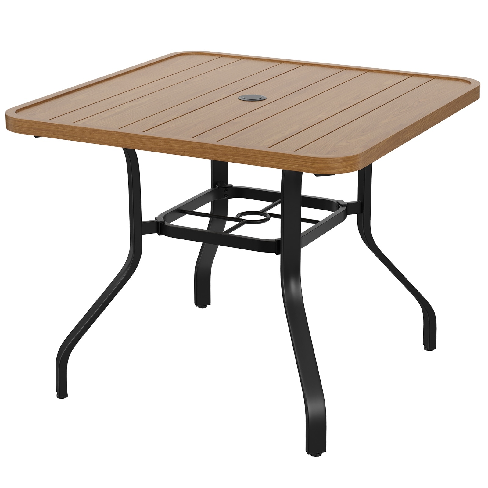 Outdoor Patio Dining Table with 1.57" Umbrella Hole, 35"x35" Wood-Like Texture, All-Weather Metal Frame for Poolside, Deck