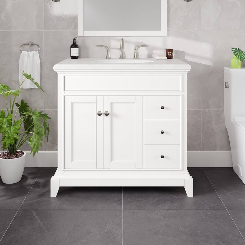 Elite Stamford Bath Vanity with Carrara Quartz Top and Porcelain Sink - 36" - White