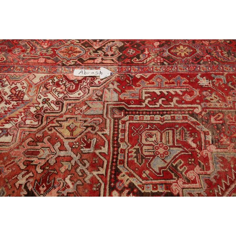 Red Geometric Heriz Persian Vintage Area Rug Hand-Knotted Wool Carpet - 9'4"x 13'5"