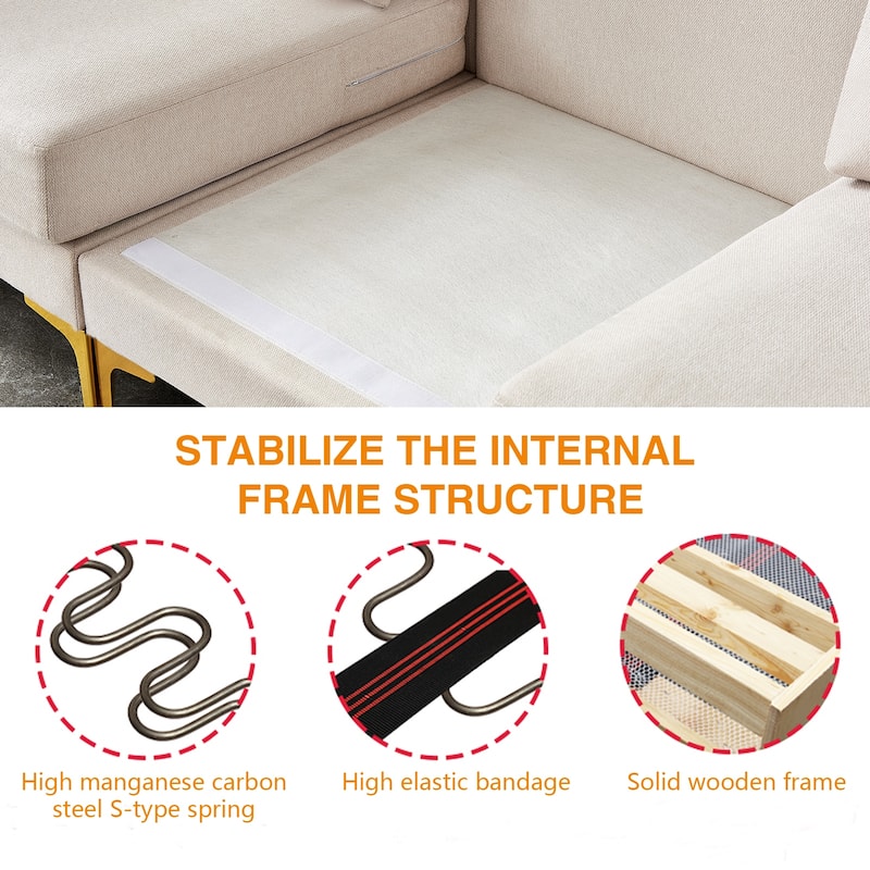 92'' Fabric L-Shape 3-Seater Sofa with Ottoman, Gold Metal Legs, and Toss Pillows