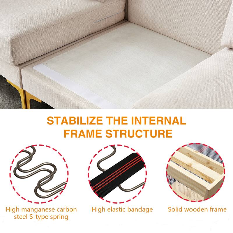Beige 92'' Fabric L-Shape 3-Seater Sofa with Ottoman, Gold Metal Legs, and Toss Pillows