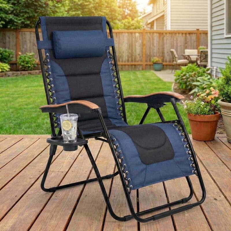 Oversized Padded Zero Gravity Chair,Foldable Patio Recliner,30"Wide Seat Anti Gravity Lounger with Cup Holder,Support 400 LBS