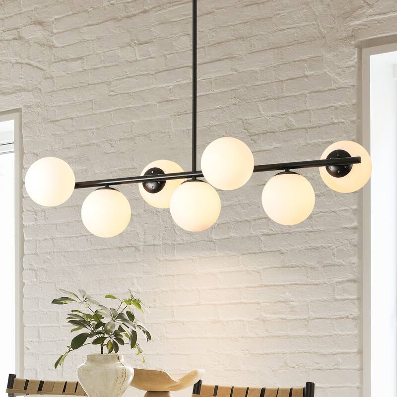 7-Light Mid-Century Modern Gold/Black Sputnik Metal Island Lights with Opal Glass Globe Shades for Kitchen, Dining Room - Black/White
