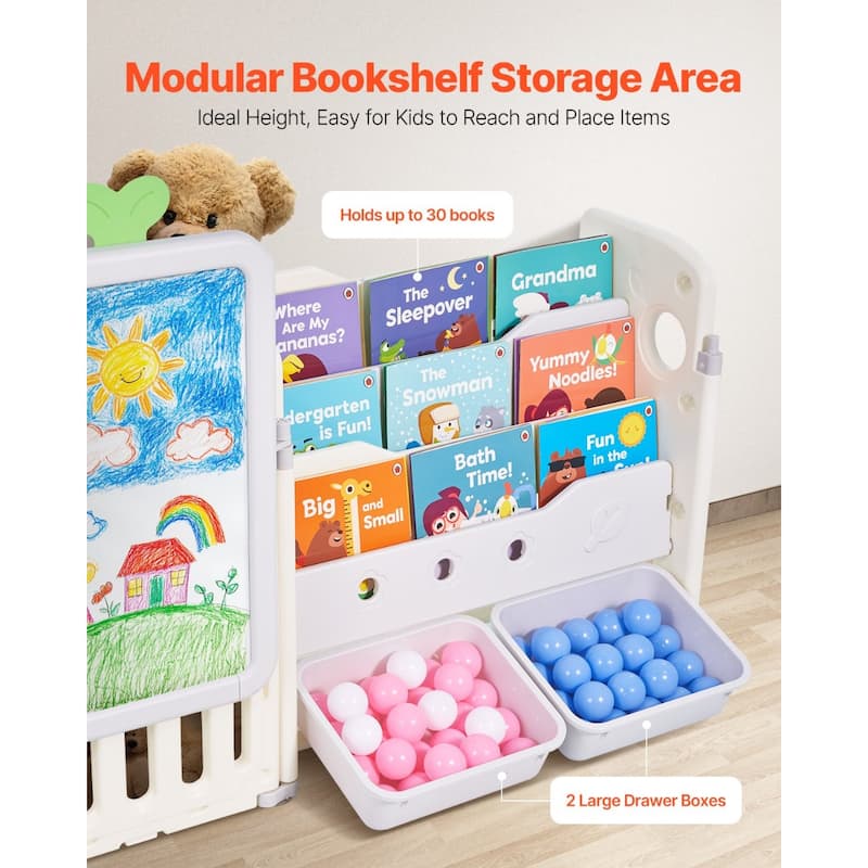 4-Tier Beige HDPE Kids Toy Organizer with Bookshelf and Storage Bins for Playroom and Nursery
