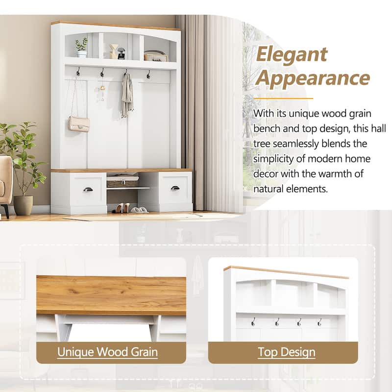 55.1 in Wide Farmhouse Hall Tree, Wood Grain Bench & Top, 4-in-1 Entryway Coat Rack with Adjustable Shelves