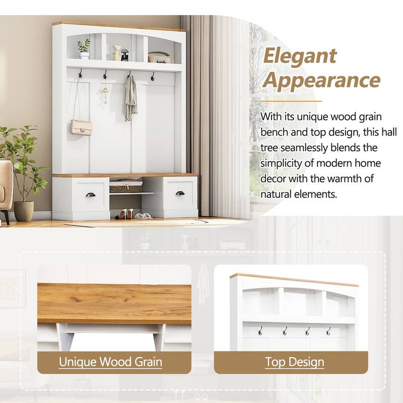 Hall Tree Entryway Cabinet with Wood Bench & Hooks, Coat Rack Storage Cabinet with Adjustable Shelves