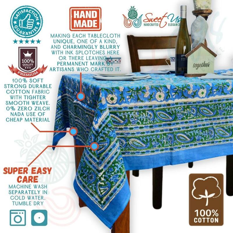 Royal Paisley Floral Cotton Block Print Tablecloth Rectangle - 58 x 88 in - Ocean Blue