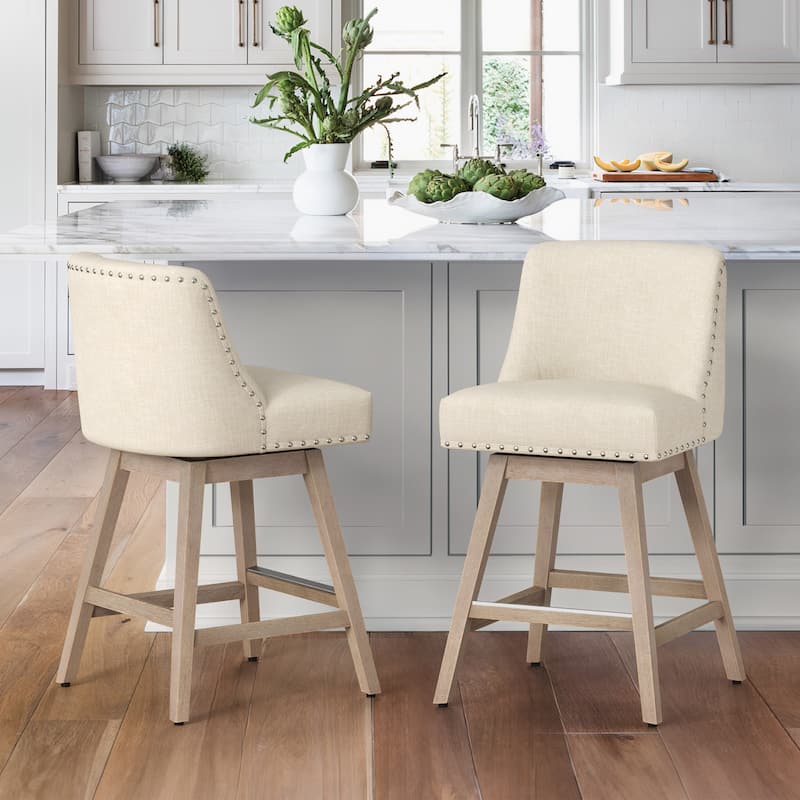 26 in. Counter Height Upholstered Wood Frame Swivel Bar Stool with Farbic Seat Set of 2 - 19.6"D x 19.6"W x 37"H - Beige/Fabric