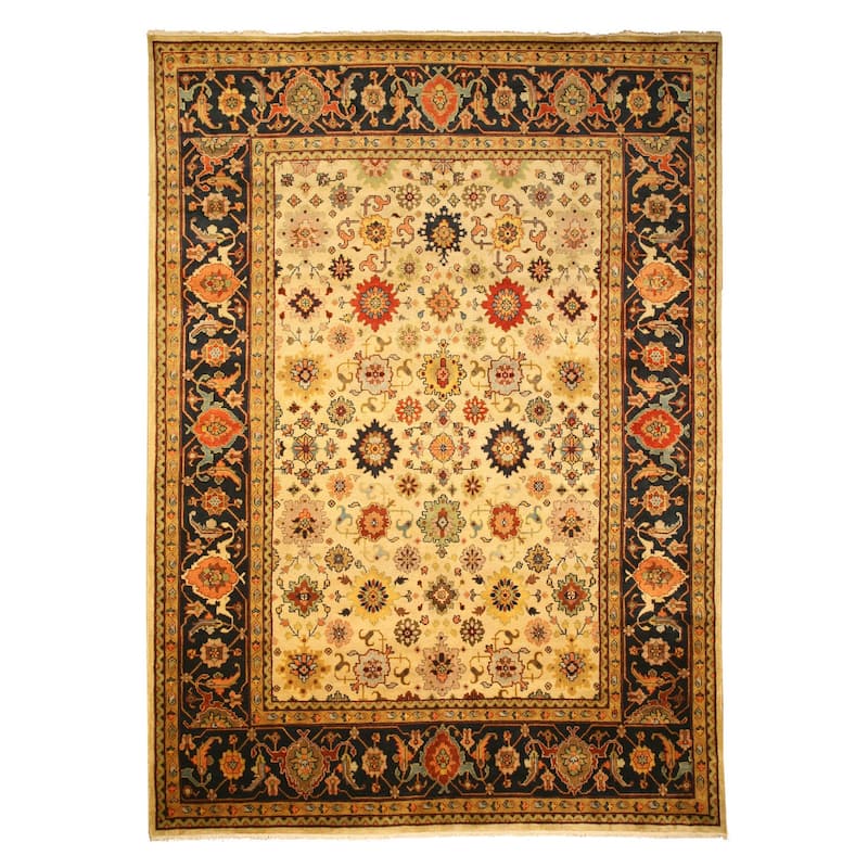 Ivory Hand Knotted Wool Traditional Super Mahal Rug, 8' x 10', Elegant Geometric Pattern with Soft Wool Pile - N/A