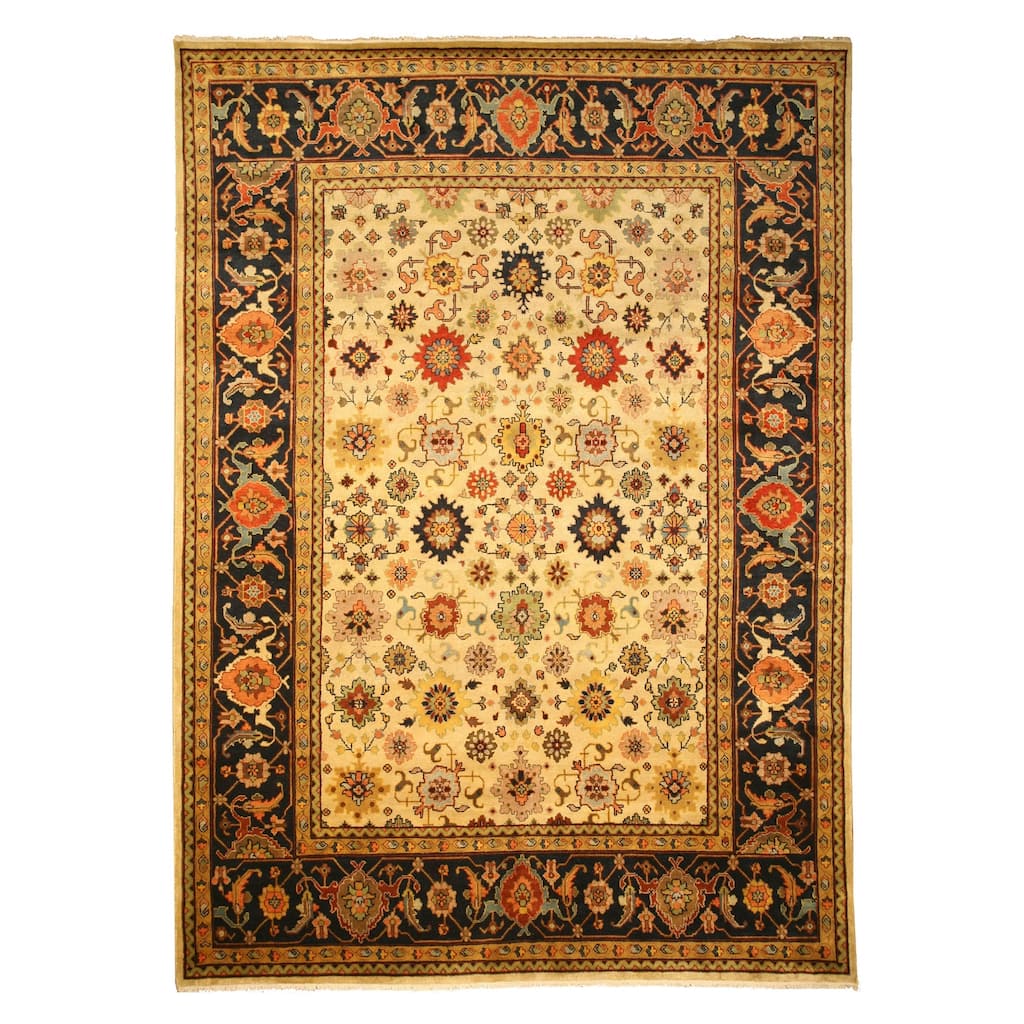 Ivory Hand Knotted Wool Traditional Super Mahal Rug, 8' x 10', Elegant Geometric Pattern with Soft Wool Pile - N/A