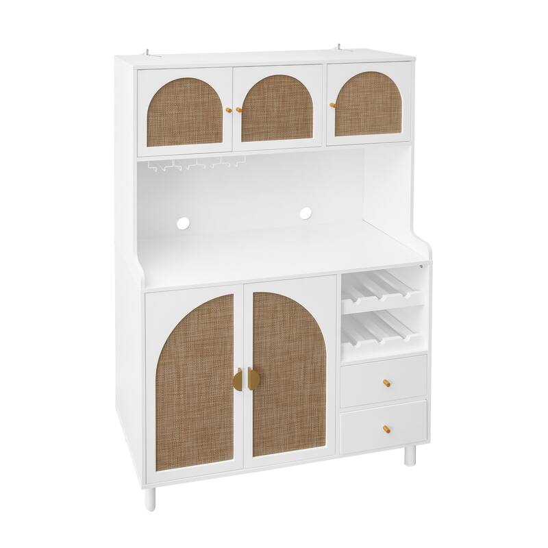 Roomfitters Accent Storage Cabinet with Rattan Doors, Buffet Sideboard with Wine Rack and Drawers, White