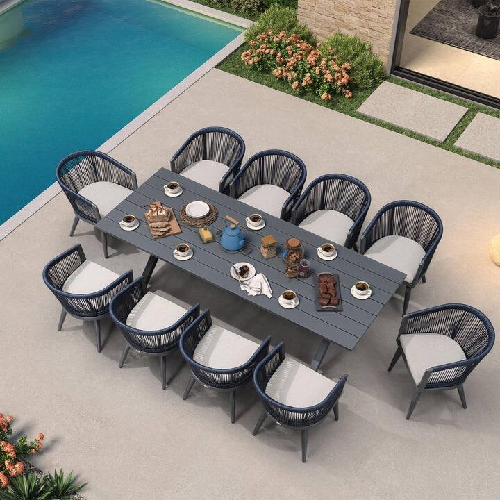 PURPLE LEAF Outdoor Dining Table Set All-Weather Aluminum with Wood Grain Table and Rope Woven Chairs - Grey (11 Pcs Rectangular Grey Table)