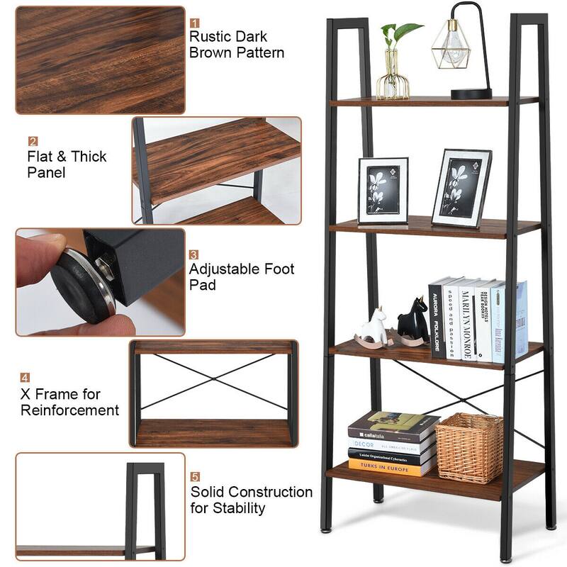 Gymax 4-Tier Ladder Shelf Ladder Bookcase Bookshelf Display Rack Plant