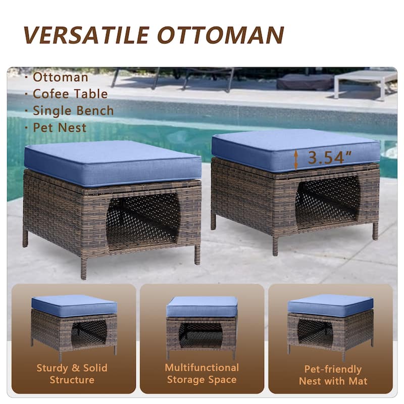 Brown Wicker Outdoor Patio Conversation Sets with Denim Blue Cushions
