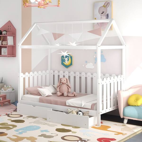 slide 2 of 9, Twin Size Modern Solid House Bed with Fence-shaped Guardrail and 2-Drawers White