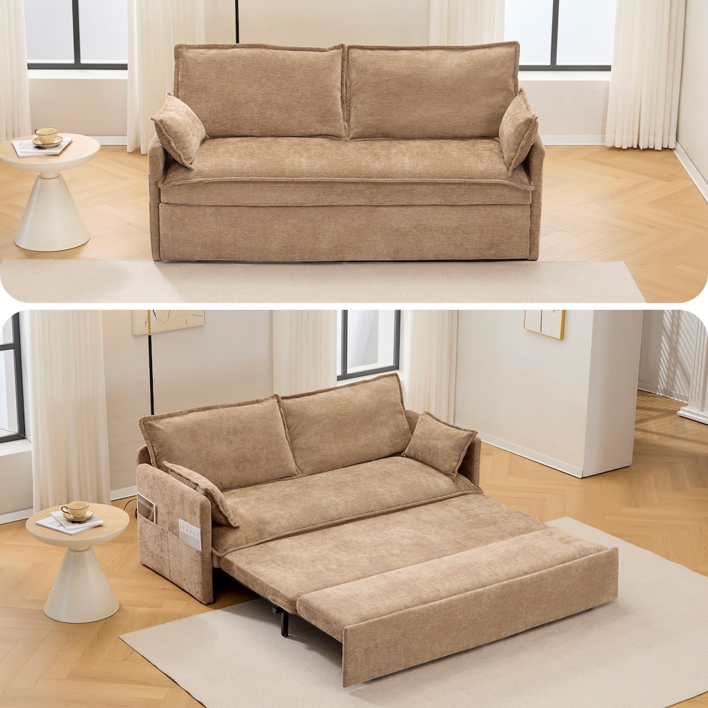 59.5" Ergonomic Sofa Bed with Storage & Charging - Supportive Chenille Convertible Sleeper, 800lb Capacity, Side Pockets