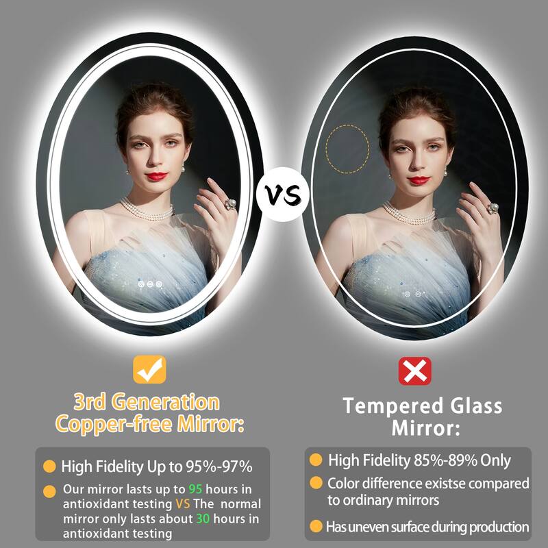 Oval Vanity Mirror with Lights Brightness Adjustment Waterproof Anti-Fog Illuminated Wall with Touch Switch