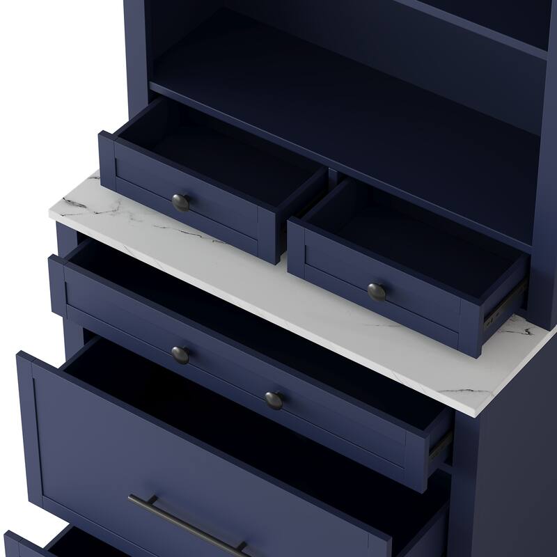 Tall Kitchen Pantry Cabinet, Storage Cabinet with Faux Marble Top, Freestanding Kitchen Hutch with 5 Drawers & Adjustable Shelf