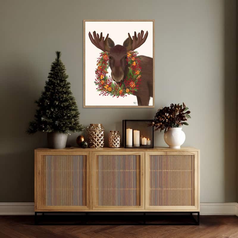 Christmas Moose and Cranberry Wreath by Fab Funky (23 x 28 in.), Framed Canvas Wall Art Print - Sylvie Beaded Rustic Natural