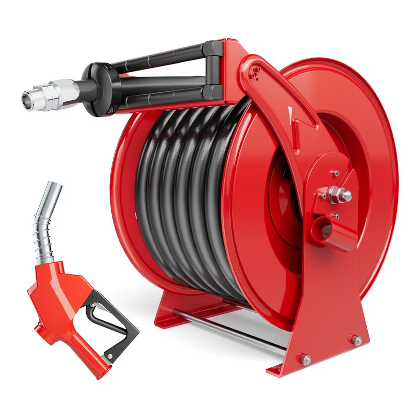1“ x 50ft Diesel Fuel Hose Reel Retractable with Fuel Nozzle, 1 Inch Fuel Transfer Pump Hose, Auto Swivel Rewind - Red