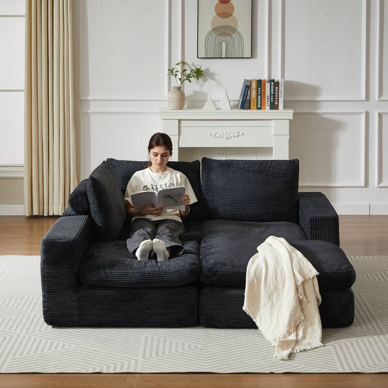 L-Shaped Sectional Sofa with Chaise Lounge, Corduroy Upholstered Boneless Couch, Module Corner Sofa with 3 Pillows