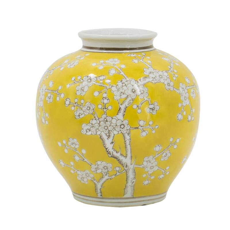 9" Yellow And White Chinoiserie Floral Porcelain Table Vase - 8.70