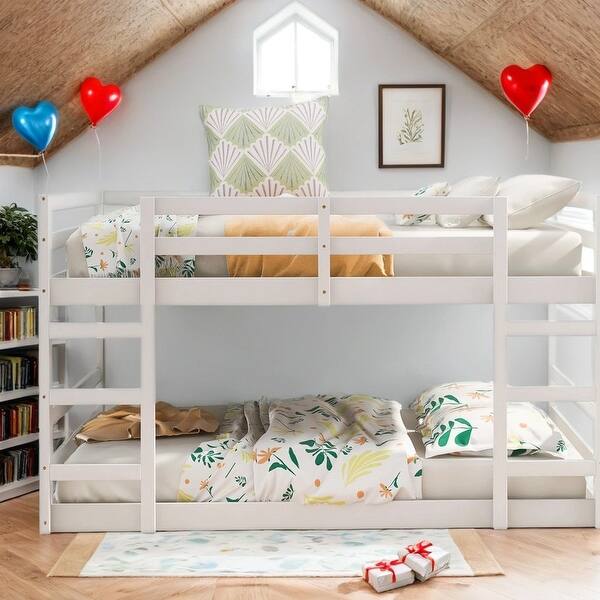 slide 2 of 9, White Kids Bed Bunk Bed with Ladder ,Full Over Full White