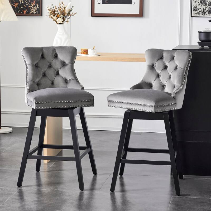 26"/30" Velvet Upholstered Swivel Counter or Bar Height Stools - Set of 2 - Grey - Bar Height