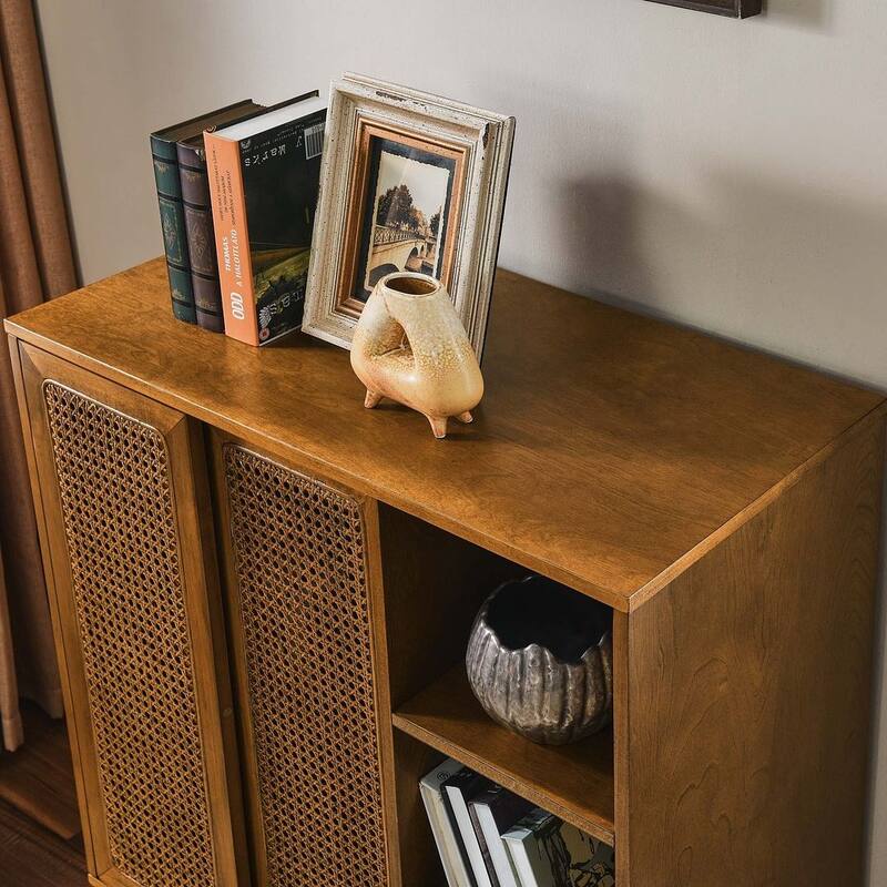 31" Mid Century Modern Rattan Storage Buffet/Sideboard
