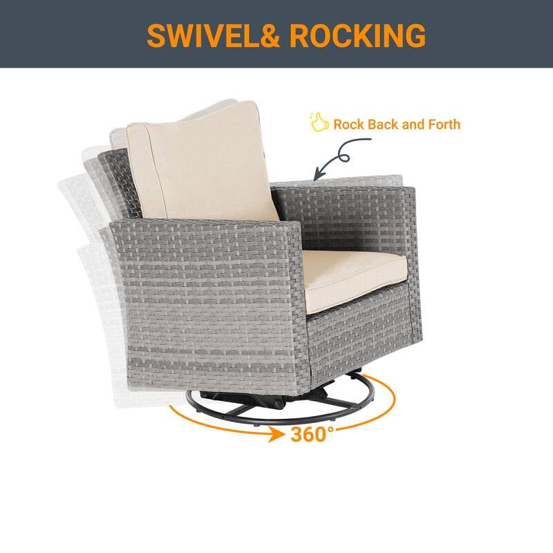 LIVOOSUN 3-Piece Patio Sofa Set Outdoor Rattan Swivel Rocking Chair Glass Table