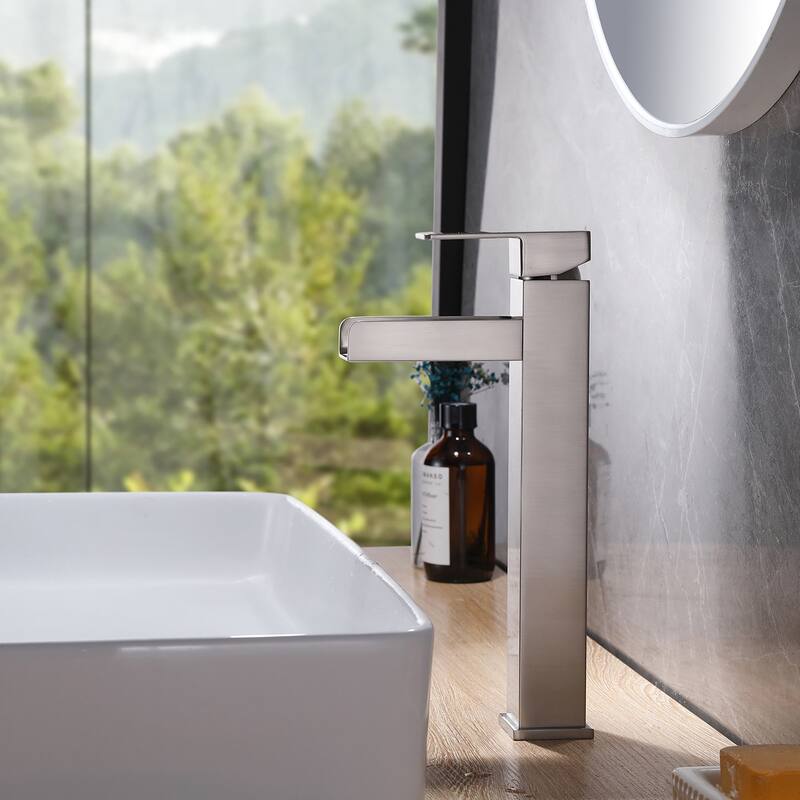 Single Handle Square Tall Waterfall Bathroom Sink Faucet