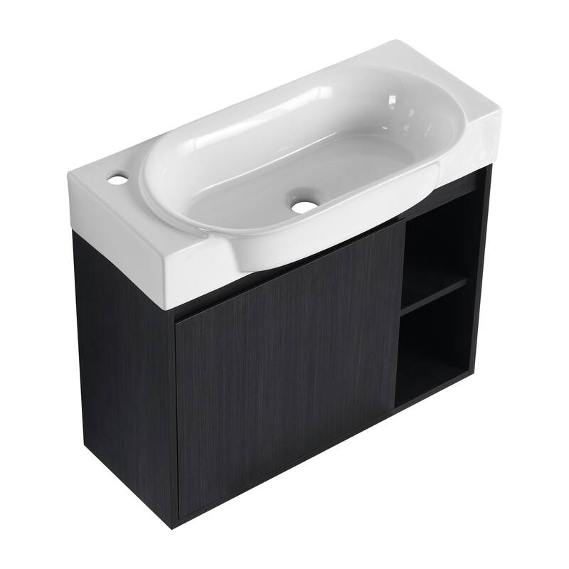28'' Wall-Mounted Bathroom Vanity with White Ceramic Sink & Soft-Close Door, KD-Packing - Black Chestnut