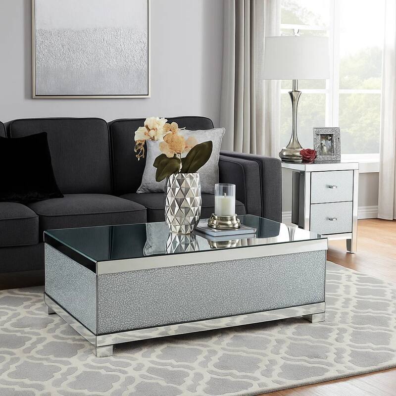 Rectangular Wooden Coffee Table with Faux Crystal Inlays, Silver