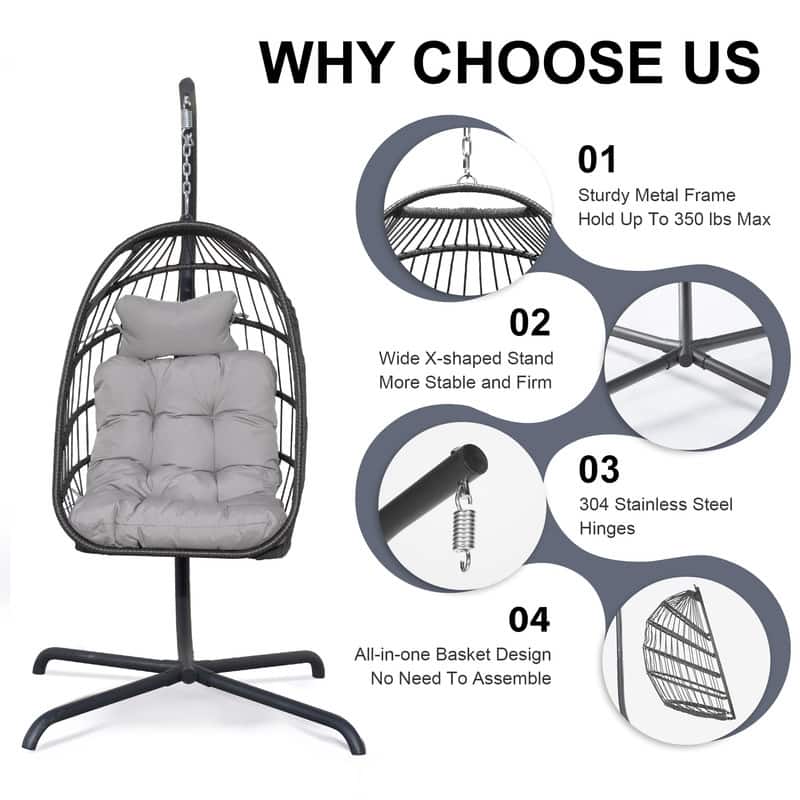 Oversized Wicker Hanging Egg Chair with Stand, Outdoor Indoor Swing Chair with Cushion, 350 lb Capacity