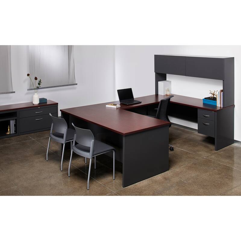 Hirsh Executive Office Modular Left-Hand Single Pedestal File Desk, 30" D x 66" W, Charcoal / Mahogany