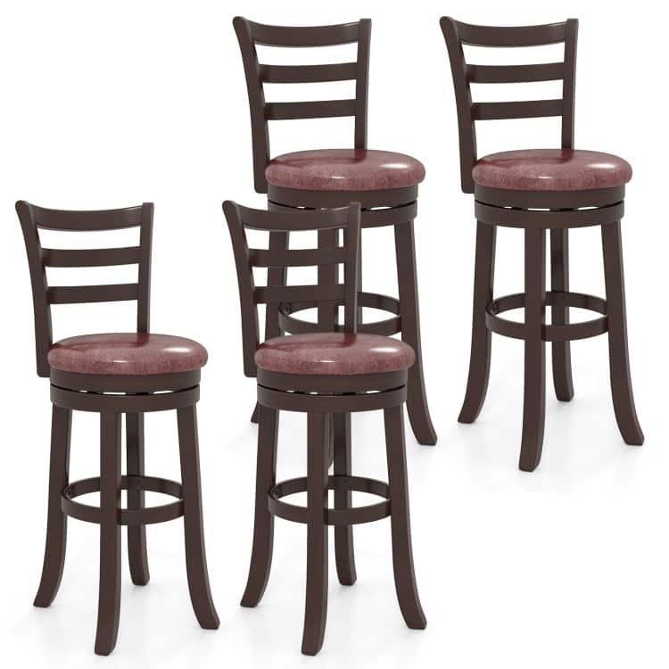 Set of 2 Cappuccino Rubber Wood MDF Swivel Bar Stools with Faux Leather and Footrest