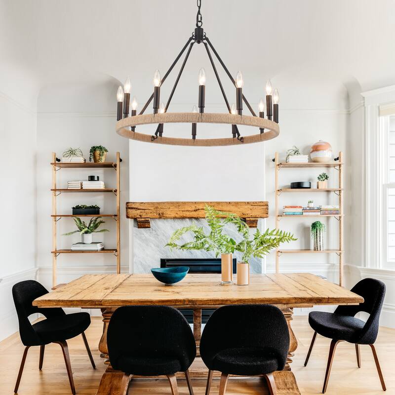 12-Light W26.77" x H78.74" Hemp Rope Wagon Wheel Chandelier for Living Room
