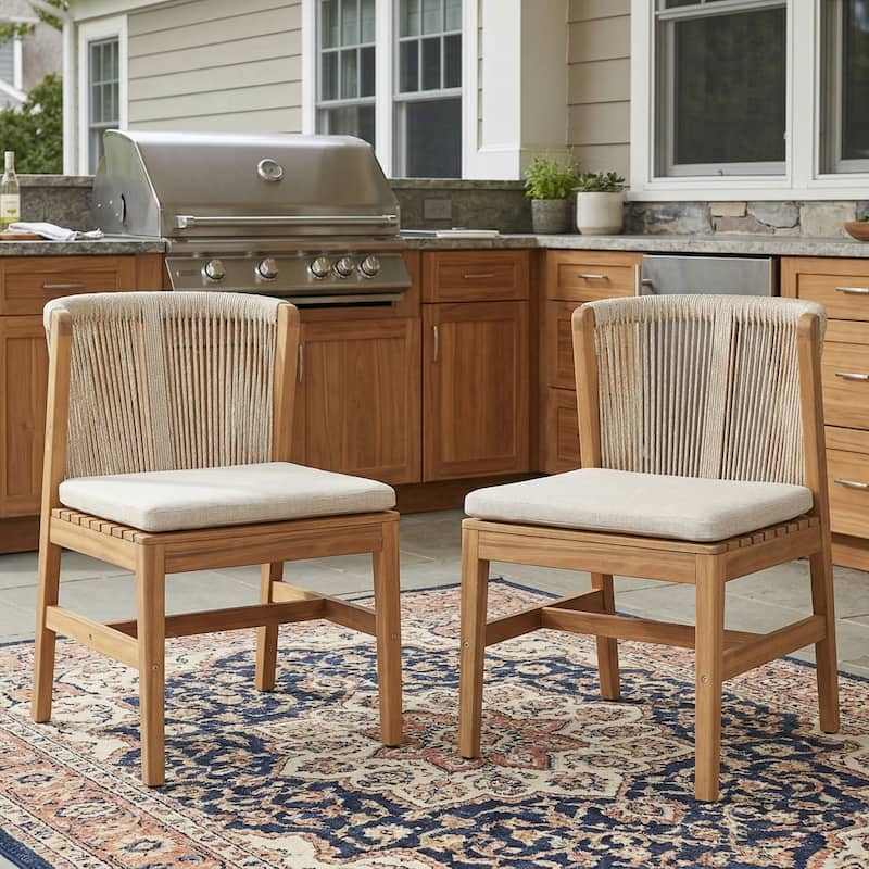 Christopher Knight Home - Louie Outdoor Acacia Wood Dining Chairs with Rope Backrest and Cushioned Seat, Set of 2
