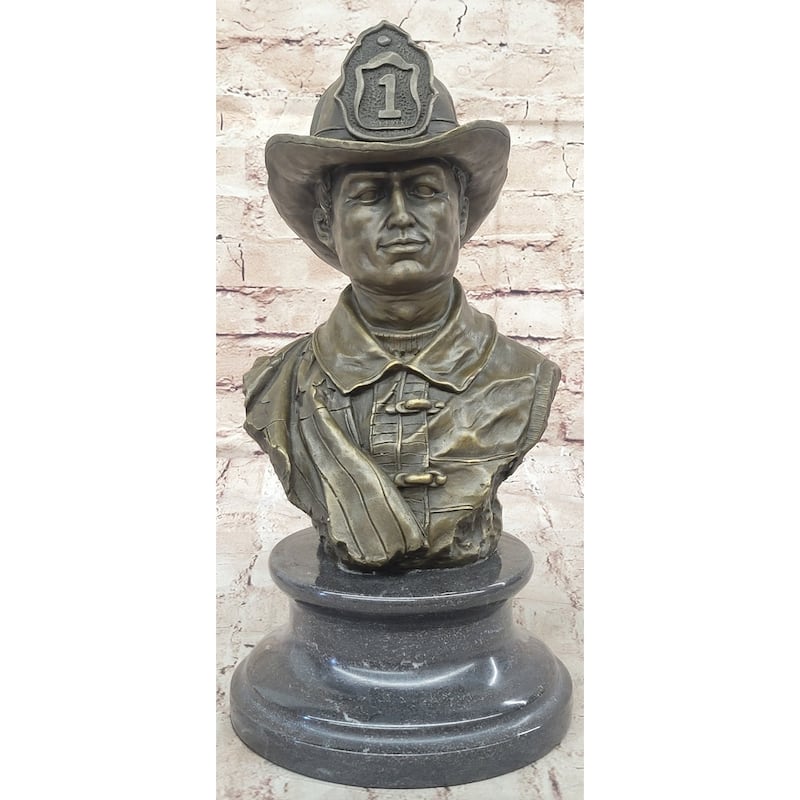 Firefighter Fireman Bronze Metal Bust Statue Sculpture Memorial On Marble Base
