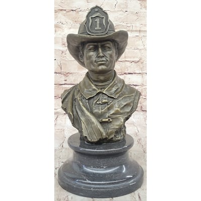 Firefighter Fireman Bronze Metal Bust Statue Sculpture Memorial On Marble Base