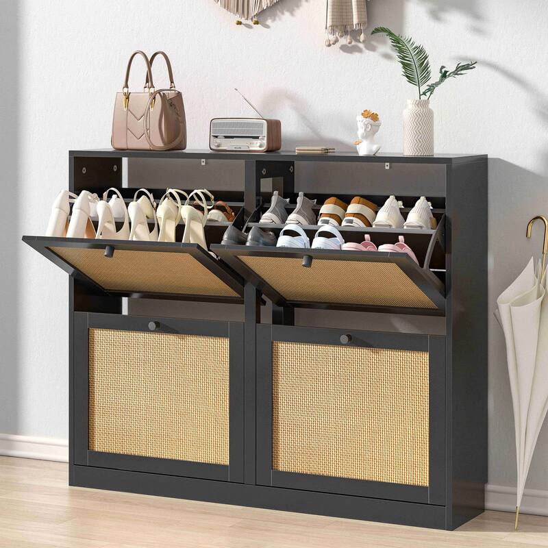 Anmytek 24 Pairs Large White Rattan Shoe Storage Cabinet with 4 Flip Drawers Narrow Shoe Storage Organizer for Entryway - Black