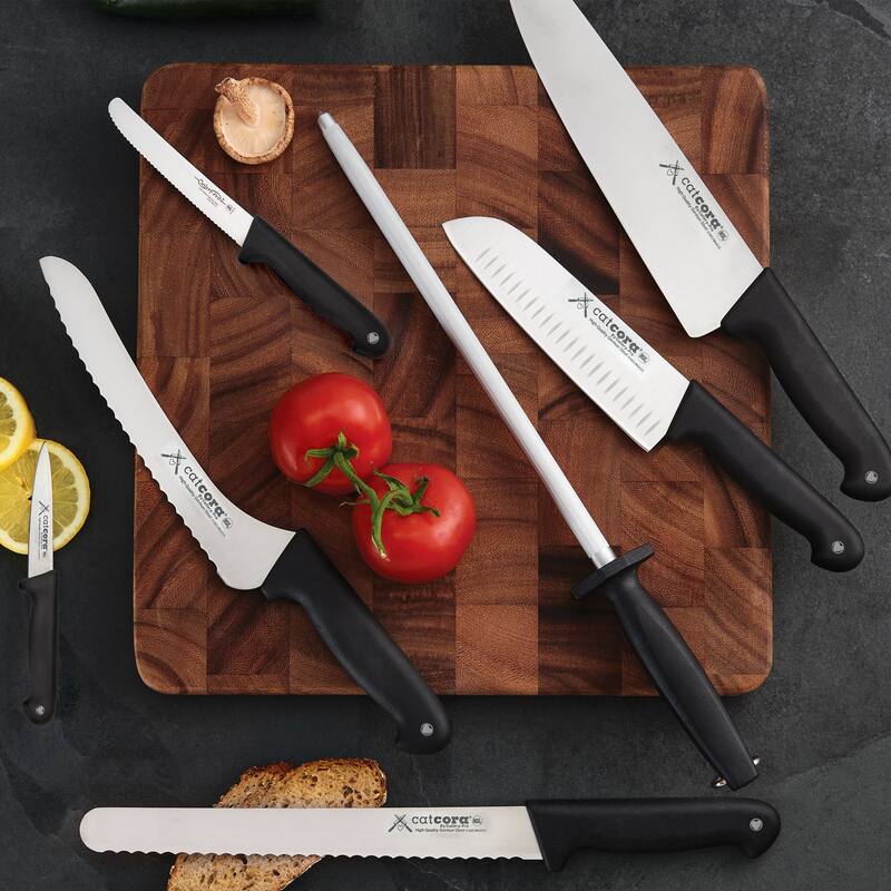 CatCora Granton Santoku Knife, Professional 7-Inch German Steel Blade, Ergonomic Soft-Grip Handle, NSF-Certified Kitchen Knife