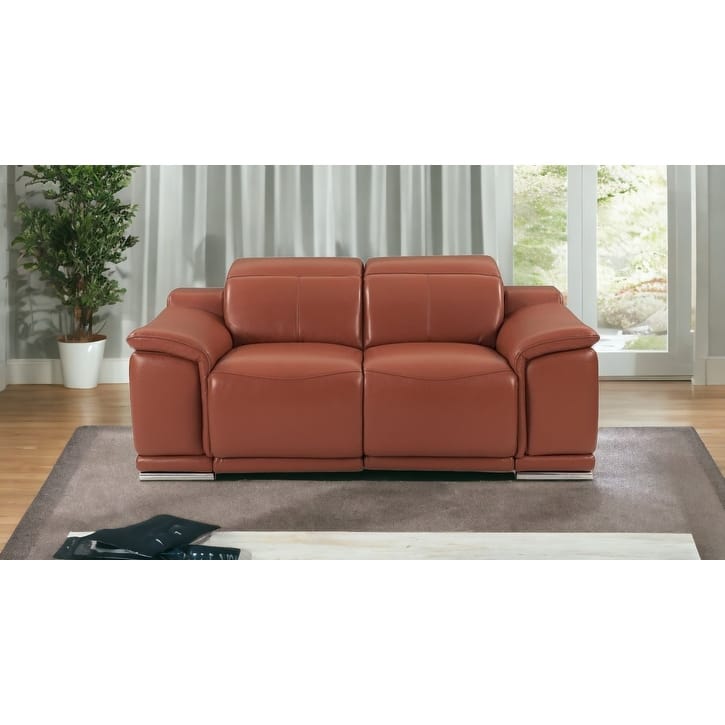 HomeRoots 72" Camel And Silver Italian Leather Power Reclining Loveseat